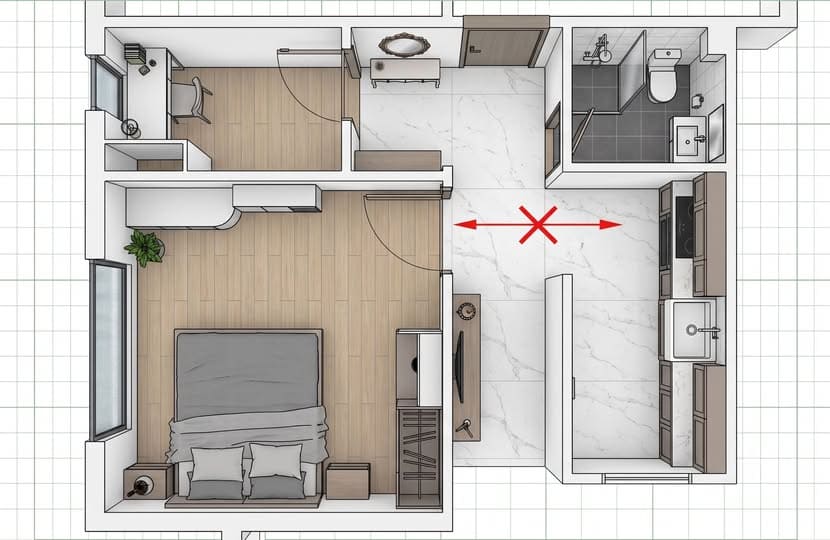 Không đặt bếp đối diện trực diện với cửa nhà vệ sinh - tủ bếp bền