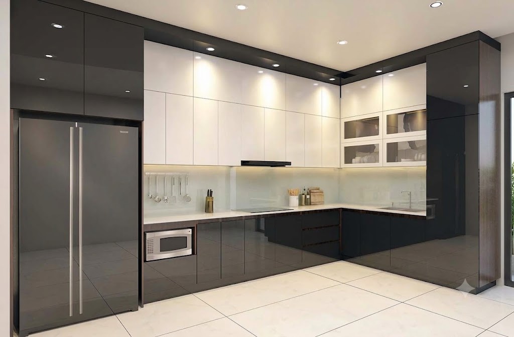 Mẫu tủ bếp inox cánh kính chữ L sang trọng - tủ bếp inox cánh kính